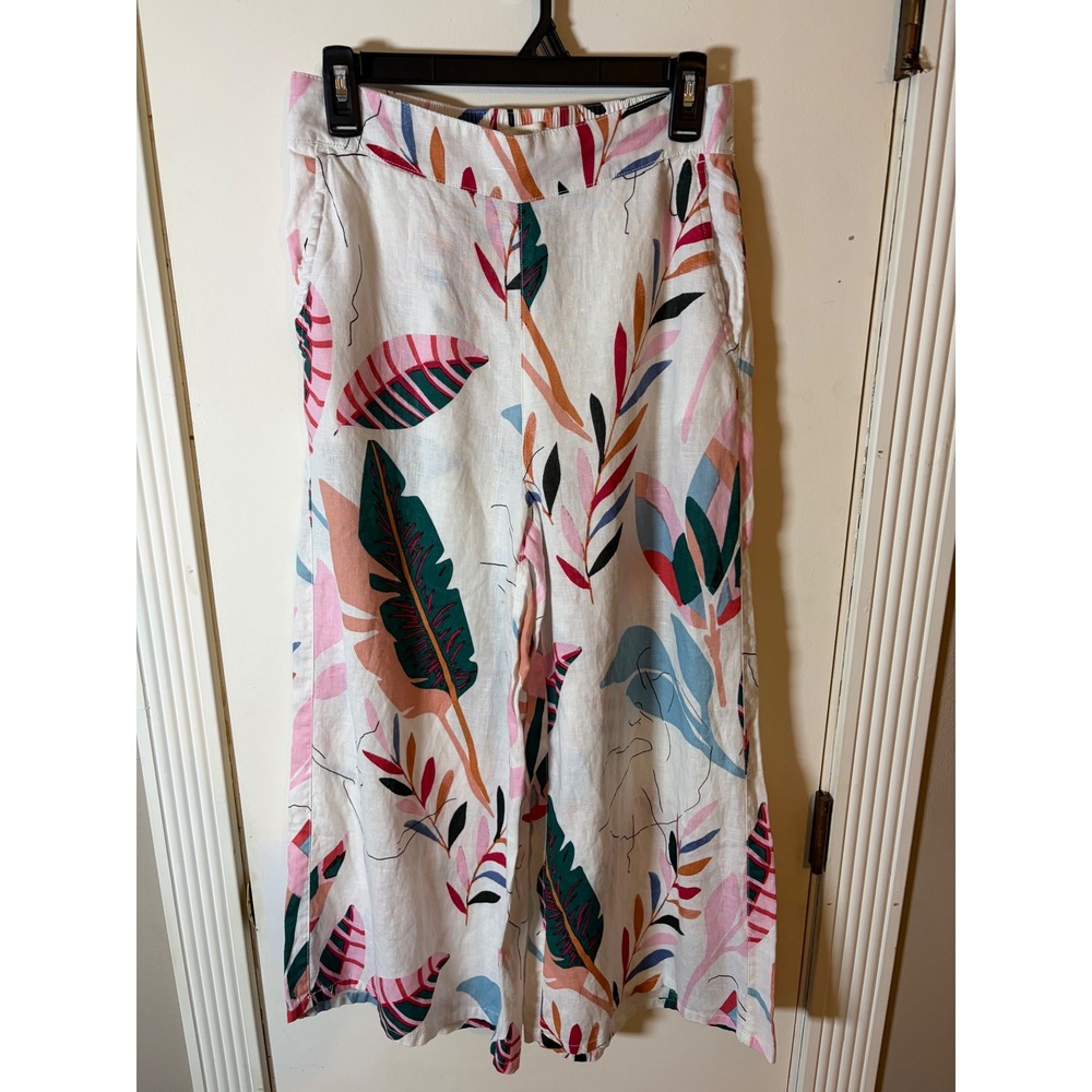Cynthia Rowley Womens 100% Linen Tropical Leaf Print Wide Leg Pants Small White